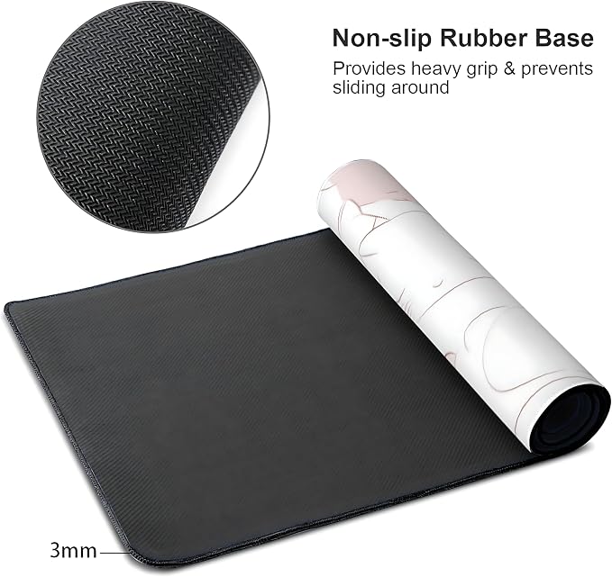 Cute Anime White Cat Gaming Mouse Pad, White Pink Minimalist Desk Mat with Anti-Slip Base & Stitched Edges, Office Supplies & Desk Decor for Women, 35.4" x 15.7" in Home Office Essentials