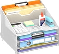 Desk File Organizer, 4 Letter Trays and 2 Upright Sections, White | Paper Organizer for Desk with Tiered Letter Trays and Vertical File Holders for Home Office, School and Workspace Use