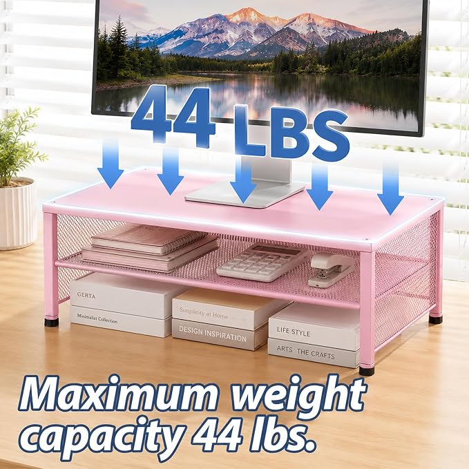 2-Tier Computer Monitor Stand Riser, Laptop Stand for Desk, Desk Organizer for Office, Home and School Supplies, Pink