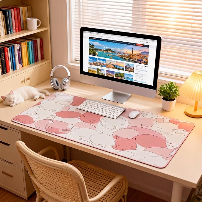 Cute Anime White Cat Gaming Mouse Pad, White Pink Minimalist Desk Mat with Anti-Slip Base & Stitched Edges, Office Supplies & Desk Decor for Women, 35.4" x 15.7" in Home Office Essentials