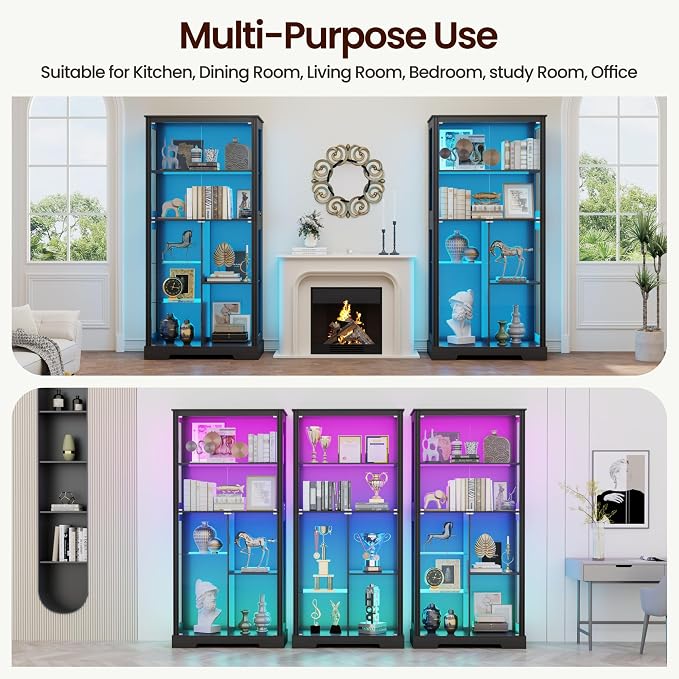7-Tiers 71" Tall Display Cabinet with Glass Doors & Human Body Sensor-Black | 71inch Tall, 7+5 Color Lights, Fits Different Height Collectibles, Safety Lockable Keys, 4mm Thickened Glass, Easy Assembly