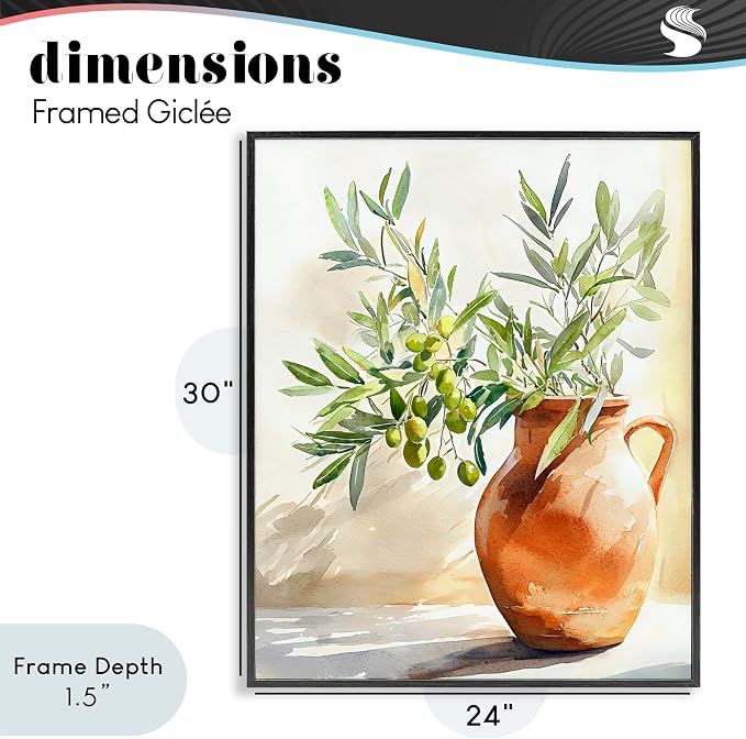 'Olive Branch in Terracotta Vase'| Framed Giclee Art | Stupell Industries | Black, 24 x 30 Inches, Easy to Hang and Sturdy, Made in USA, by LSR Design Studio