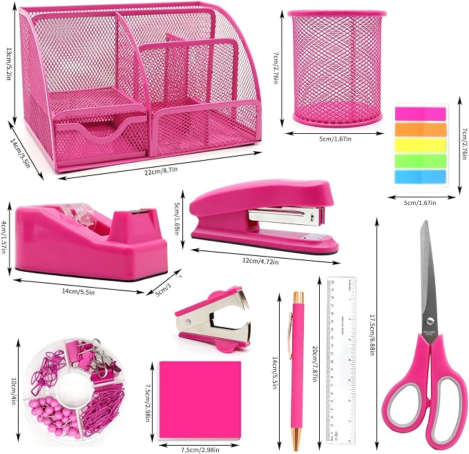 12Pcs Hot Pink Desk Organizers and Accessories Set for Office School Home | Office Supplies for Women Coworkers Students, Include Stapler, Pen Holder, Tape Holder, Scissors, Ruler, Staple Remover