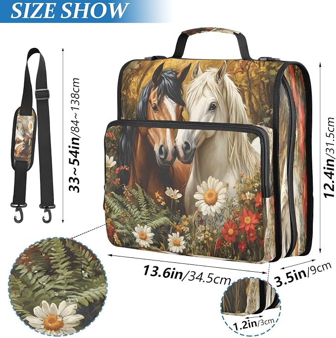 ALAZA Zipper Binder 3 Ring Oil Patting Horses Binder Organizer with Zipper and Shoulder Strap Large Capacity Multi-Pocket Trapper Keeper File Folder for Office Supplies