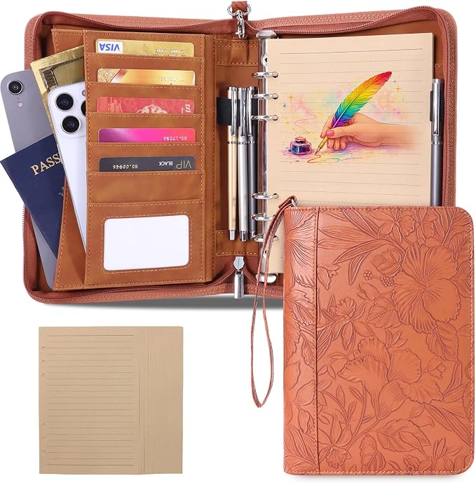 A5 Binder 6 Ring with Zipper, Portable Planner for Travel & Study | Faux leather A5 planner with detachable 6 rings, lined pages, pouches, card slots and pen holder for daily use.