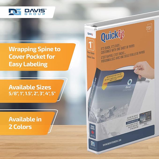 QuickFit View Binder, 3-Ring Binder for School or Office, D Ring, White, 6 Pack, 1 Inch | Heavy-duty binder, fits 8.5" x 11" paper, white, customizable cover, made in Canada, ideal for school or office use
