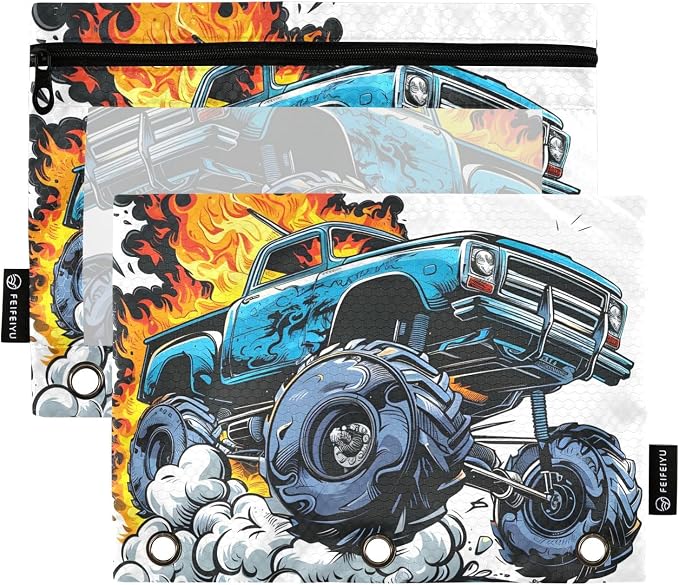 Truck Fire Pencil Pouch for 3 Ring Binder, 2 Pack Waterproof Pencil Bags Clear Window Zipper School Office Supplies
