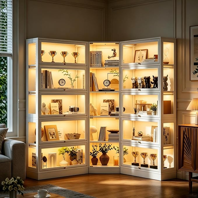 Corner Display Cabinet with Glass Doors, 5-Tier Curio Cabinets with RGB Lights, 71" Display Case with Wood Shelves for Collectibles, White