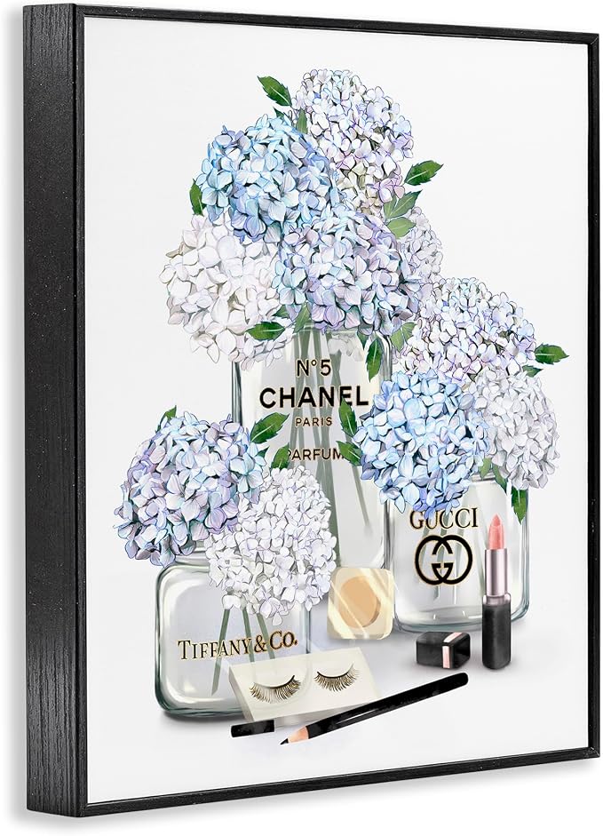 Glam Hydrangea Perfume Bottle Still Life, 16 x 20 Inch Framed Giclée Print | Stupell Industries · By Ziwei Li · Ready to hang · Chic gift for bedroom or dressing room · Made in USA