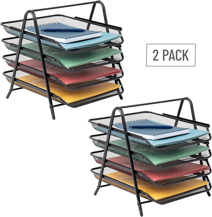 Mind Reader 4-Tier Paper Tray, Desktop Organizer, File Storage, Office, Metal Mesh, 12" L x 13.75" W x 12.5" H, Pack of 2, Black