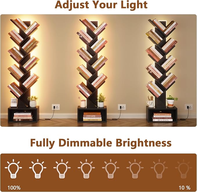 Hoctieon 9 Tier Tree Bookshelf, Tall Bookcase, Freestanding Book Shelf with LED Lights, Display Floor Standing Storage Shelf, Book Organizer Shelves for Home Office, Living Room, Black
