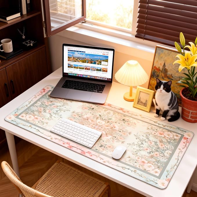Cute Floral Aesthetic Daisy Gaming Mouse Pad, Morandi Rug Desk Mat with Anti-Slip Base & Stitched Edges,35.4" x 15.7" in Table Mat for Computer Desktop, Beautiful Workstation Decor
