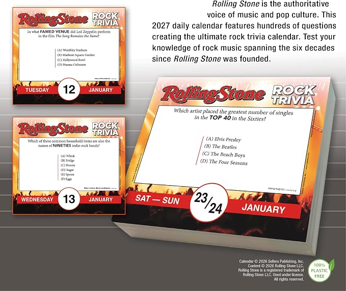 Rolling Stone Rock Trivia 2027 Daily Desk Calendar: Boxed Page-a-Day Music Quiz Calendar with Day-to-Day Rock History, Legends & Iconic Moments