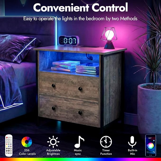 27 Inch LED Nightstand with Charging Station, 2 Drawers, Gray | RGB App Control, 2 AC Outlets & 2 USB Ports, Open Storage, Adjustable Feet, Wood Tall Nightstand for Bedroom or Office