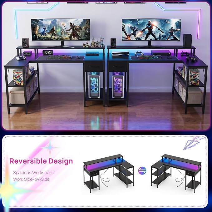 Alpen L Shaped Gaming Desk, 47 Inch Computer Desks with Drawers, Corner Desk Gaming Table with LED Lights & Power Outlets, Monitor Stand, Home Office Desk for Living Room, Bedroom, Black