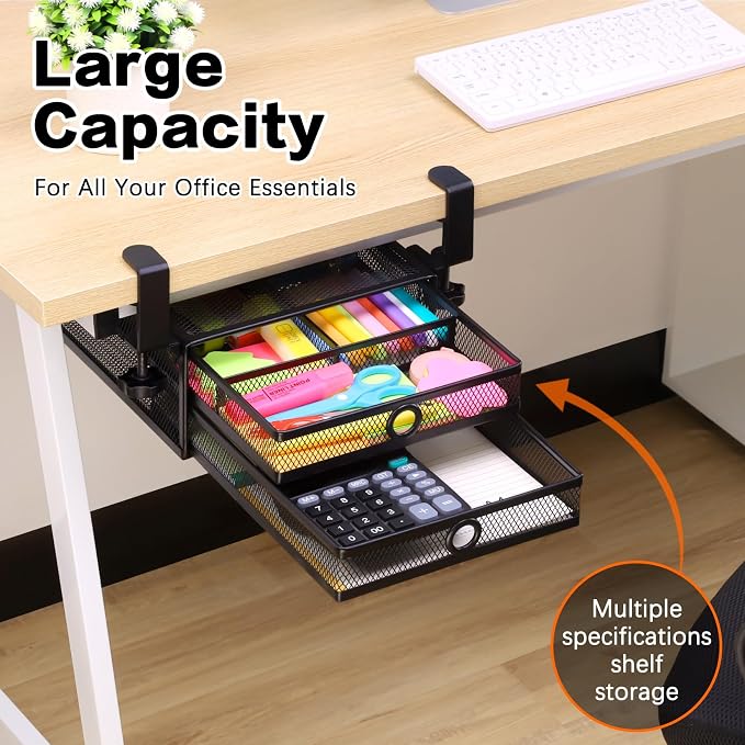 ROSYLINE Under Desk & Desktop Drawer Organizer, 2-Tier Big Capacity | Steel Construction, Clip-On No Drill Installation, Fits A4 Paper, for Office & Household Supplies