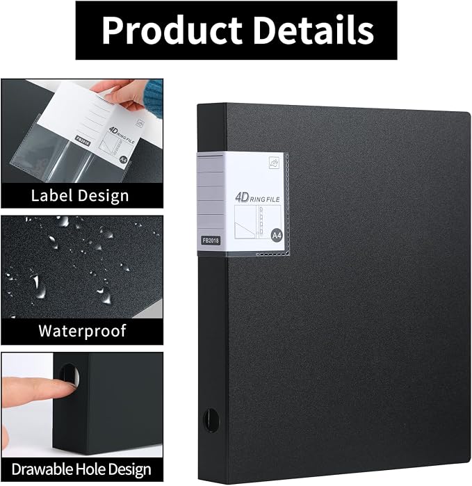 4 Ring Binders,4 Pack D Ring Binder A4 for School, Office(Black)