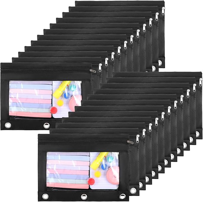 24 Pcs Pencil Pouch for 3 Ring Binder, 9.8" x 7" Black Pencil Bags with Zipper, Large Sturdy Cloth Pen Holder Case with Clear Window for Office Supplies