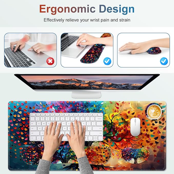 Large Gaming Mouse Pad Set, 4 in 1 Ergonomics Keyboard Desk Mat with Memory Foam Wrist Rest, Computer Extended Game Mousepad, Non-Slip Desk Matt Easy Typing Pain Relief I Colorful Tree Leave