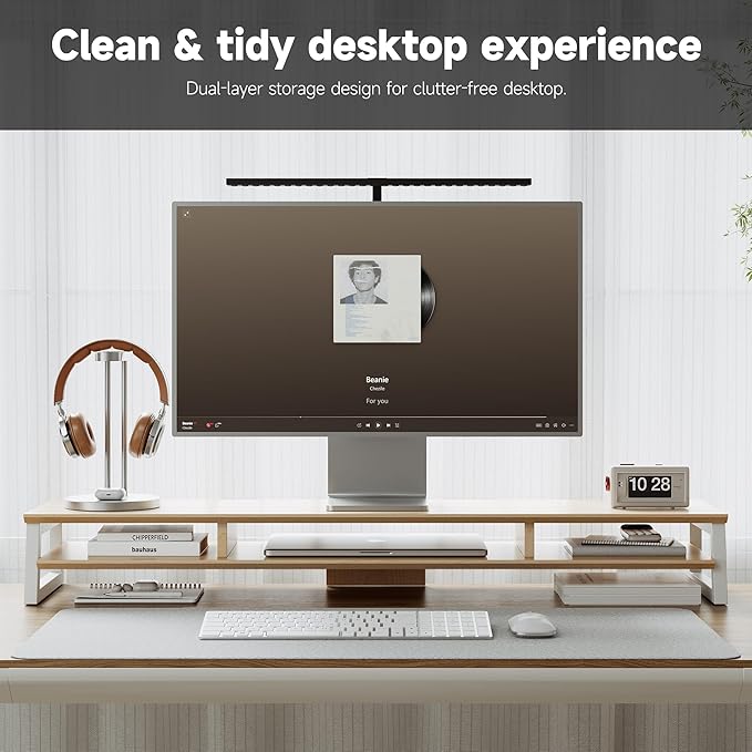 Dual Monitor Stand Riser for Desk, 41.7 Inch Large 2 Tier Computer Monitor Stand for 2 Monitors, Desktop Storage Organizer Shelf with Keyboard Space for Laptop PC Printer, Beige