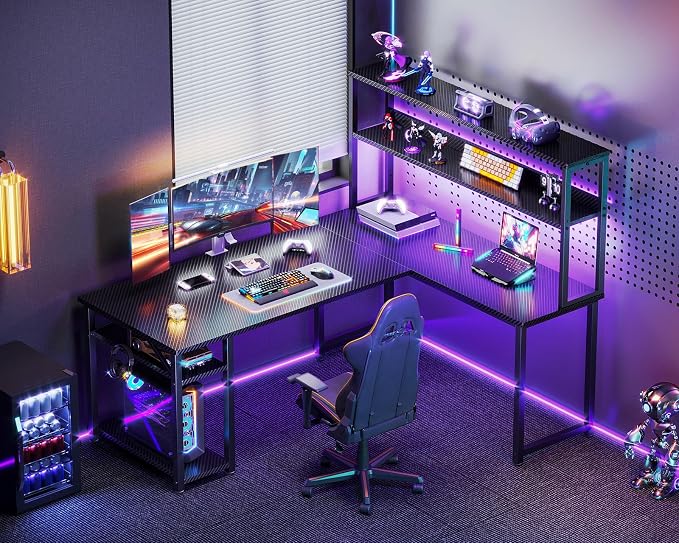 ODK 53 Inch L Shaped Gaming Desk with Hutch & Headphone Hook | Black Corner Computer Table with LED light & Storage Shelves for Home Office