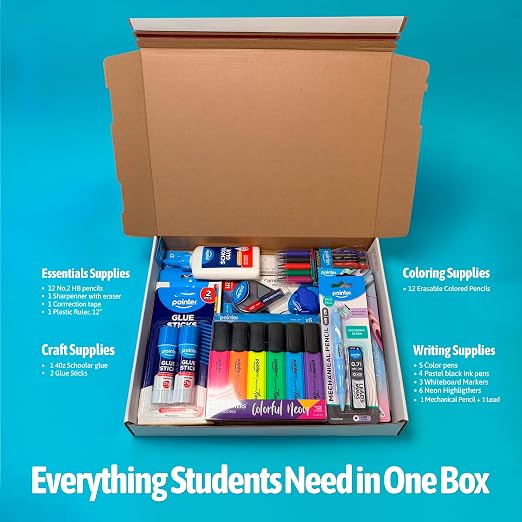 Pointer School Supplies Bundle Kit – A Back to Learning Set Student Value Pack Essentials for Classroom, Writing, Drawing, Crafting, Study Materials Kids, Teens, Home Use Academic Essentials – 62 Pcs