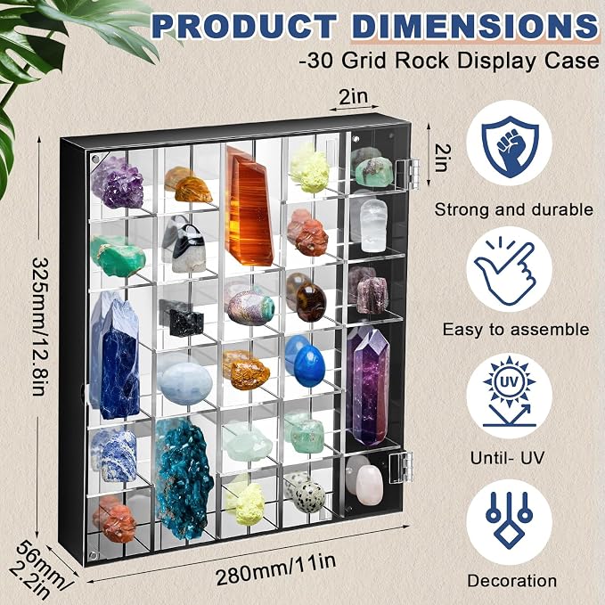 Cinnvoice Rock Display Case 30 Grids, Black Border, Square | Adjustable Acrylic Display Case, Crystal Organizer for Collectible, with Built-in Mirrored, Magnetic Door, Wall Mount