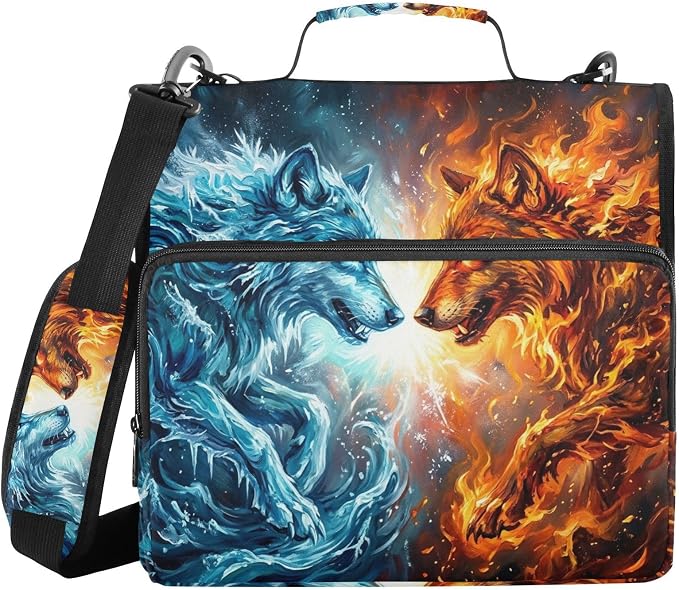Fire Ice Wolf Pattern 3 Ring Zipper Binder with Shoulder Strap & Handle 2 Inch D-Ring Zippered Binder Bag with Multiple Pocket & Pencil Pouch, Binder Organizer for School or Office