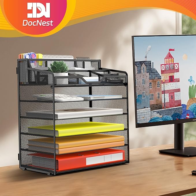 Docnest 6 Tier Mesh Desk Organizer with Letter Tray & Paper Sorter, Black | Features 3 built-in pen holders & 5 adjustable compartments on top. Includes 4 non-slip rubber feet for desk protection