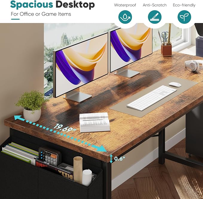 OLIXIS Computer Desk, 55 Inch Gaming Desks for Home Office Small Spaces | Writing Study Craft Work Table, Computer Workstation for Bedroom with Storage Bag, Rustic Brown