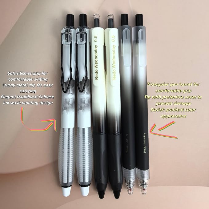 Fengtaiyuan Retractable Gel Pens, 0.5mm Fine Point Black Ink, Quick Dry No Smudge Gel Pens with Comfort Grip, Smooth Writing for School Office Note Taking, 6 Pack