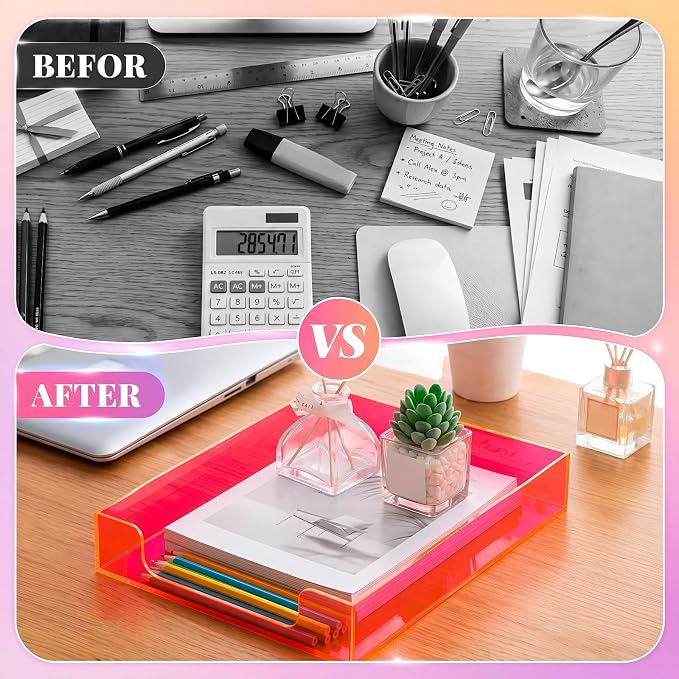 Neon Pink Acrylic Letter Tray 2 Pcs 12.6 x 10.2 x 2.1'' Paper Tray Organizer Stackable Desk Supplies with Non Slip Rubber for Office Accessories Desk File Document Folder