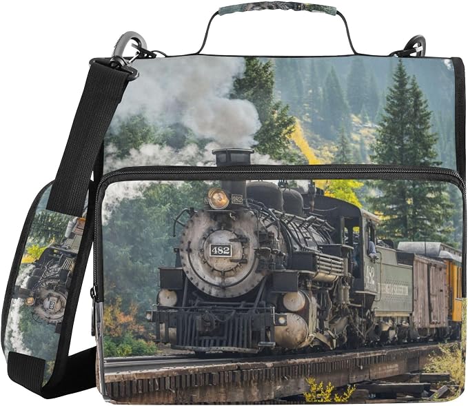 Fisyme Steam Train Zipper Binder 3 Ring with Zipper and Shoulder Strap Large Capacity Multi-Pocket Zipper Binder Organizer