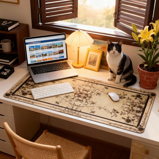 Floral Aesthetic Rose Gaming Mouse Pad, Earth Black Rug Desk Mat with Anti-Slip Base & Stitched Edges, Computer Keyboard & Laptop Pad, 35.4" x 15.7" in in Workstation Accessories