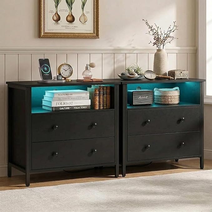 27" LED Nightstand Set 2 with Charging Station, 2 Drawers, Black | RGB App Control, 2 AC Outlets & 2 USB Ports, Open Storage, Adjustable Feet, Wood Tall Nightstand for Bedroom or Office