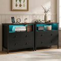 27" LED Nightstand Set 2 with Charging Station, 2 Drawers, Black | RGB App Control, 2 AC Outlets & 2 USB Ports, Open Storage, Adjustable Feet, Wood Tall Nightstand for Bedroom or Office