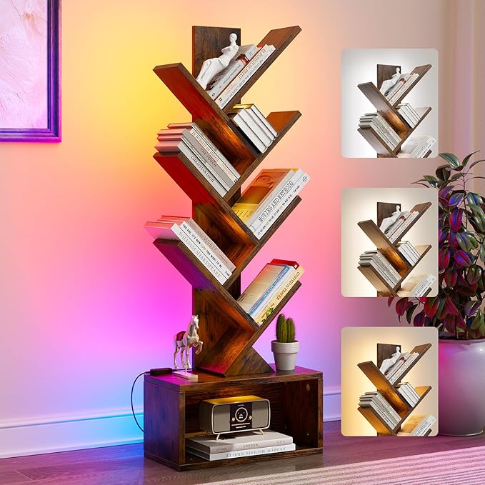Evermagin 6 Tier Tree Bookshelf with Lights, LED Book Tree Bookcase | Rustic Brown with Storage Organizer, Small Corner Bookshelf Floor Standing Book Shelf for Living Room, Bedroom & Home Office