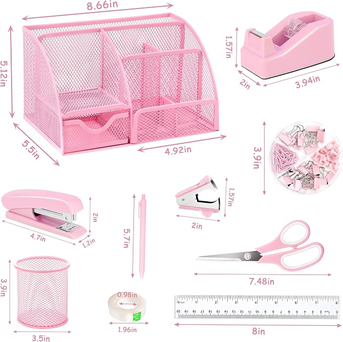 Pink Office Desk Accessories Supplies, 12pcs Desk Organizers and Accessories with Tape dispenser and Stapler,Staples,Staple Remover,Pen Holder,Scissor,Ruler,Sticky Tabs,Tape,Ballpoint Pen,Clips Set