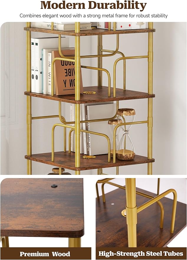5 Tier Gold Rotating Bookshelf with Light, Square Revolving Book Shelf Tower with Wheels, 360 Display Corner Shelves with Large Capacity for Small and Narrow Space, Office, Living and Bed Room