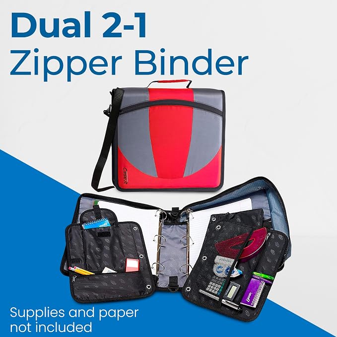 Case-it Dual Binder | 1.5" D-Rings | 600-Sheet | Dual-101 Fire Engine Red | Dual 2-in-1, Pencil Pouch, Multiple Pockets, School & Office Organizer, Shoulder Strap