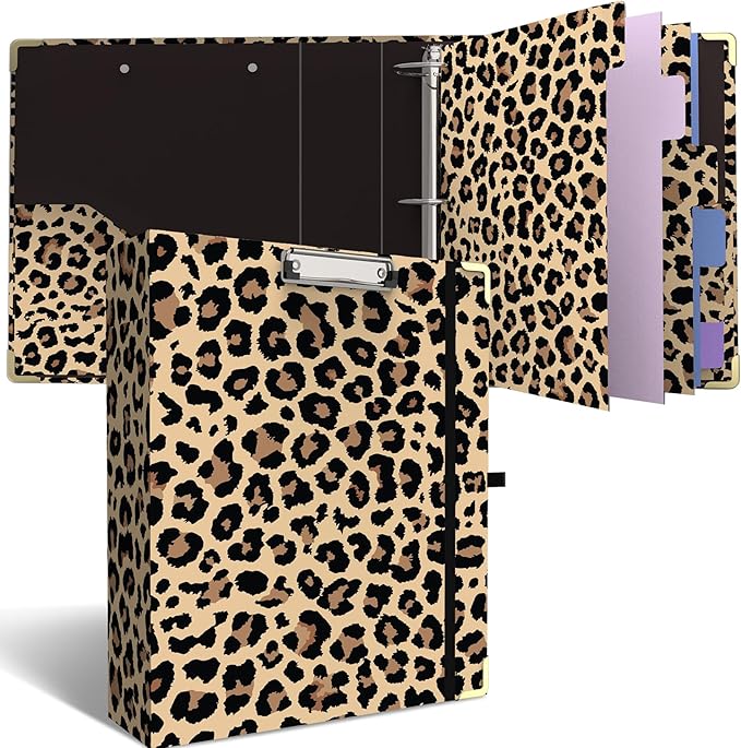 3 Ring Binder 2 Inch Round Ring Binder with 6 Tab Dividers，2 Interior Pockets，Cute Binder Clipboard with Storage, for School Office, Portfolio(Cheetah Spots)
