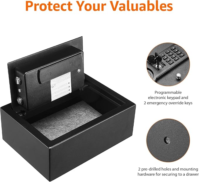 Amazon Basics Small Slim Desk Drawer Security Safe with Programmable Electronic Keypad, Secure Quick Access, 0.1 Cubic Feet, Black, 11.8"W x 8.6"D x 4.4"H