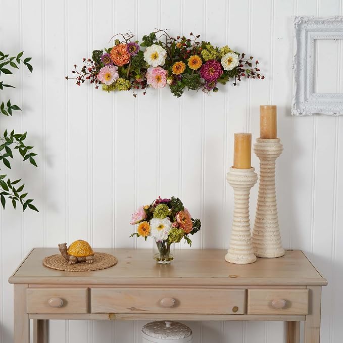 Nearly Natural 4665 Mixed Mini Peony Centerpiece Silk Flower Arrangement,10"D x 34"W x 6.5"H | Plush Pastel Petals, Rustic Intertwined Twigs, Maintenance-Free, Dining Table or Fireplace Mantel Accent