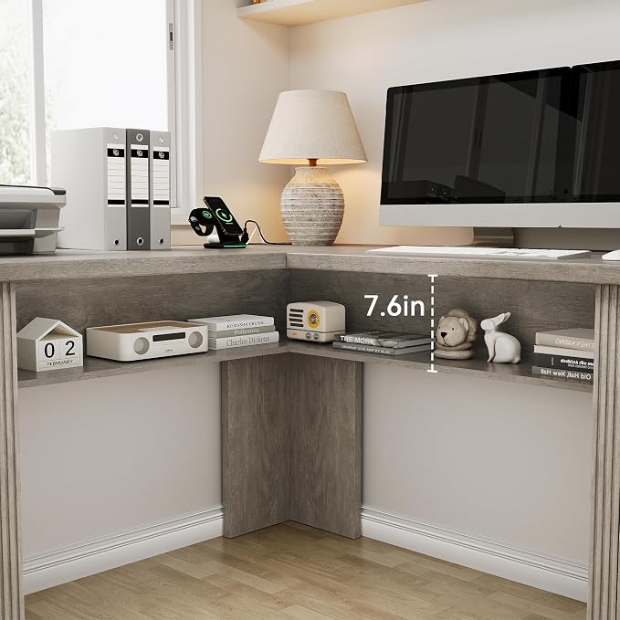 Farmhouse L Shaped Executive Desk with 4 Drawers, Home Office Desk with Hidden Under-Desk Storage Shelf and Charging Station, File Cabinet Storage, Wood Corner Computer Desk for Work and Study(Grey)
