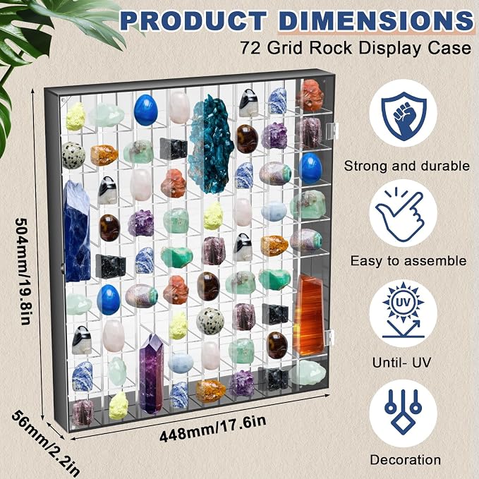 Cinnvoice Rock Display Case 72 Grids,Black Border,Square | Adjustable Acrylic Display Case, Crystal Organizer for Collectible, with Built-in Mirrored, Magnetic Door, Wall Mount