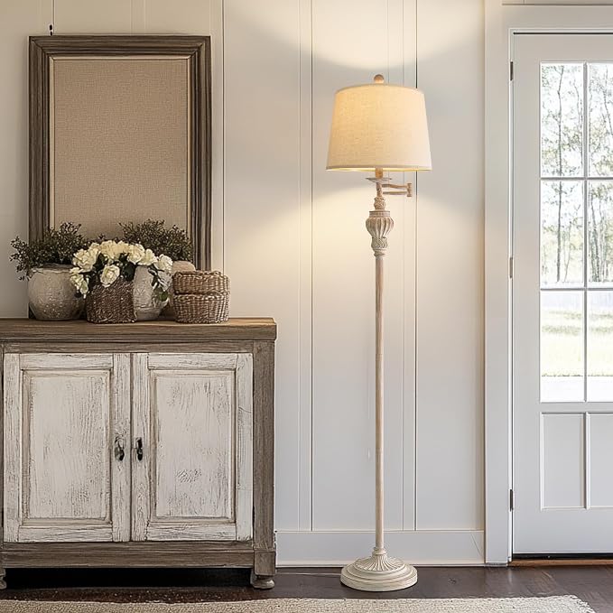 Vintage Floor Lamp with 350° Adjustable Swing Arm 61" Lamps for Living Room | Antique Standing Lamp, Retro White Bedroom Floor Lamp, Mid Century Farmhouse Rustic Traditional Brass Tall Swivel Pole Lamp