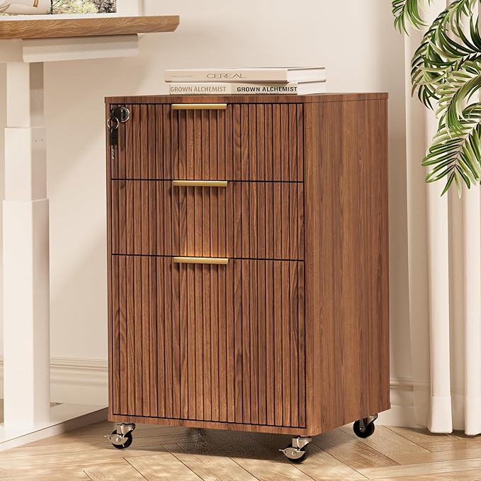 3 Drawers Fluted Mobile File Cabinet with Lock, Rolling File Cabinet Printer Stand Table, Under Desk Wooden Filing Cabinets for Home Office Essentials Storage Organization Furniture Letters/A4(Walnut)