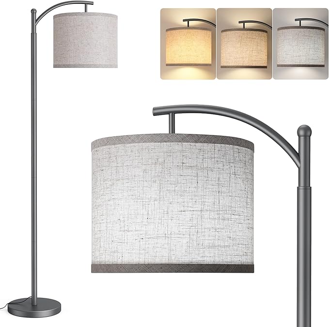 Floor Lamp for Living Room with 3 Color Temperatures LED Bulb, Standing Lamp Tall Industrial Floor Lamp Reading for Bedroom, Office (9W LED Bulb, Beige Lampshade Included) -Grey