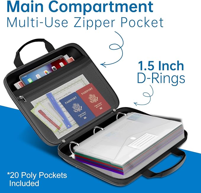 Fireproof Binder Organizer with 20 Pack Binder Pockets & Lock,Black | Important Document Box with Zipper,Water Resistant Hard Case, Portable Home Office Safe Storage Protection for Letter Size