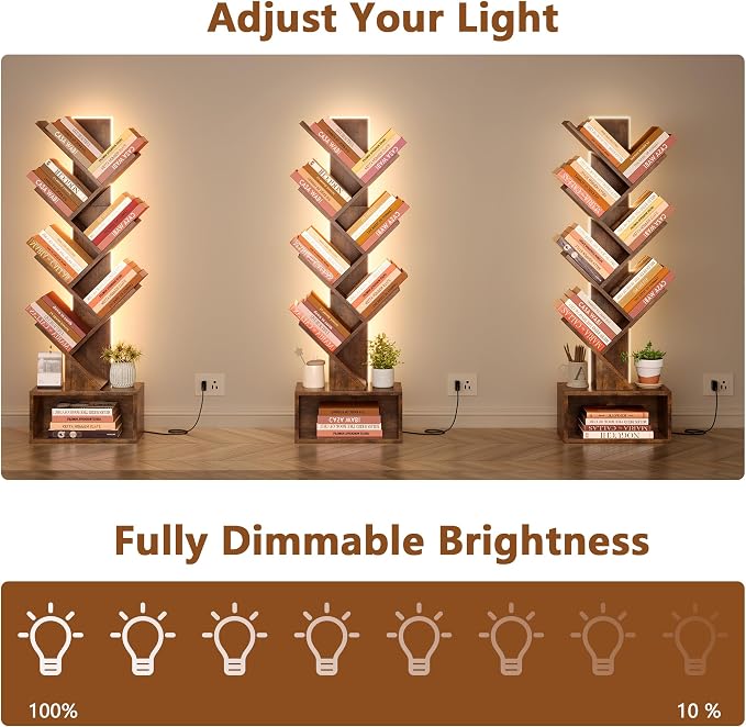 Hoctieon 6 Tier Tree Bookshelf, Tall Bookcase, Freestanding Book Shelf with LED Lights, Display Floor Standing Storage Shelf, Book Organizer Shelves for Home Office, Living Room, Rustic Brown